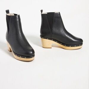THE ODELLS Anthropologie Black Leather Shearling Wooden Sole Clog Bootie